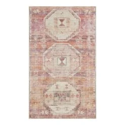 (B826) Red & Pink Tribal Patterned Washable Accent Rug, 3x5