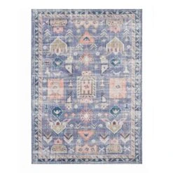 (B828) Blue Floral Medallion Washable Area Rug, 5x7