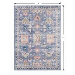 (B828) Blue Floral Medallion Washable Area Rug, 5x7 -Modern Decor Shop b828 blue floral medallion washable area rug 5x7 6