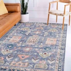 (B828) Blue Floral Medallion Washable Area Rug, 5x7 -Modern Decor Shop b828 blue floral medallion washable area rug 5x7 7