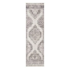 (B829) Grey & White Floral Washable Runner, 2x7