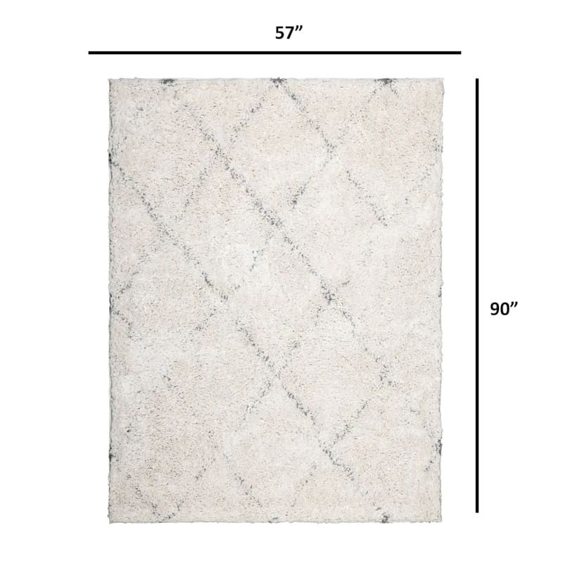 (C103) Ivory & Grey Long Pile Diamond Design Shag Area Rug, 5x7 4 (C103) Ivory & Grey Long Pile Diamond Design Shag Area Rug, 5x7 - Image 4