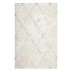 (C103) Ivory & Grey Long Pile Diamond Design Shag Area Rug, 8x10