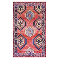 (D565) Freya Red & Blue Medallion Washable Accent Rug, 3x5