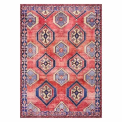 (D565) Freya Red & Blue Medallion Washable Area Rug, 5x7