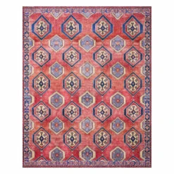 (D565) Freya Red & Blue Medallion Washable Area Rug, 8x10