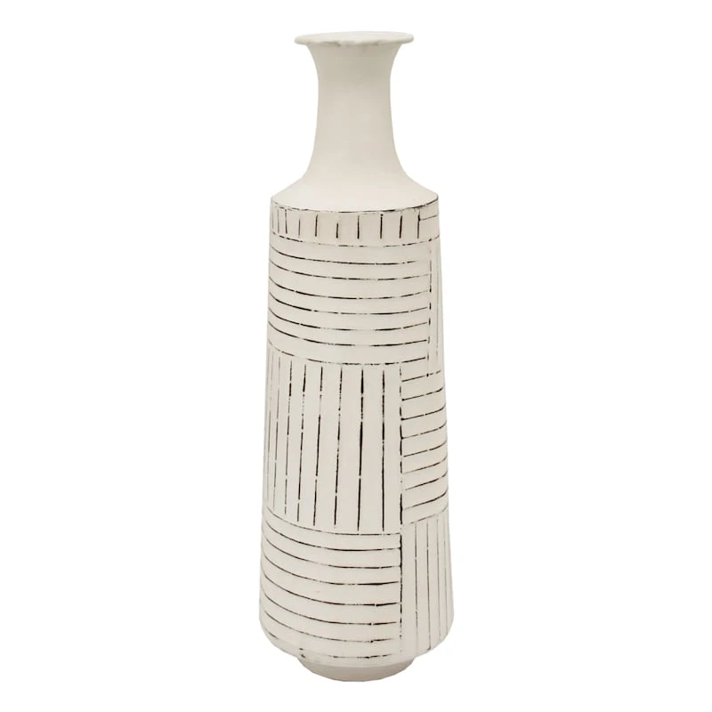 Distressed White Metal Vase, 21" 1 Distressed White Metal Vase, 21"