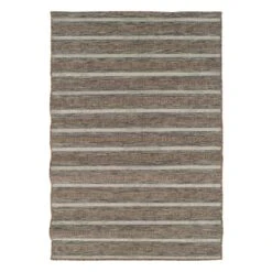(E221) Ivory, Brown & Grey Striped Modern Indoor & Outdoor Area Rug, 5x7