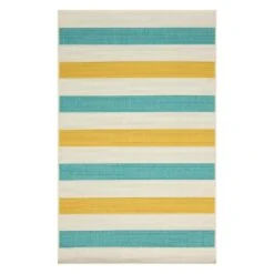 (E468) Ember Blue & Yellow Striped Accent Rug, 3x5