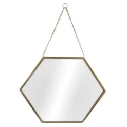 Gold Metal Hexagon Shaped Hanging Wall Mirror, 16"