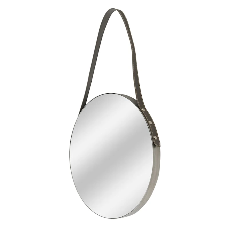 Hanging Round Wall Mirror With Leather Strap, 20" 1 Hanging Round Wall Mirror With Leather Strap, 20"