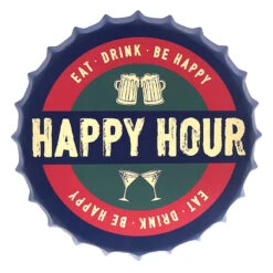 Happy Hour Metal Bottle Cap Wall Decor, 14"