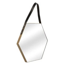 Hexagon Mirror With Faux Leather Strap, 20"